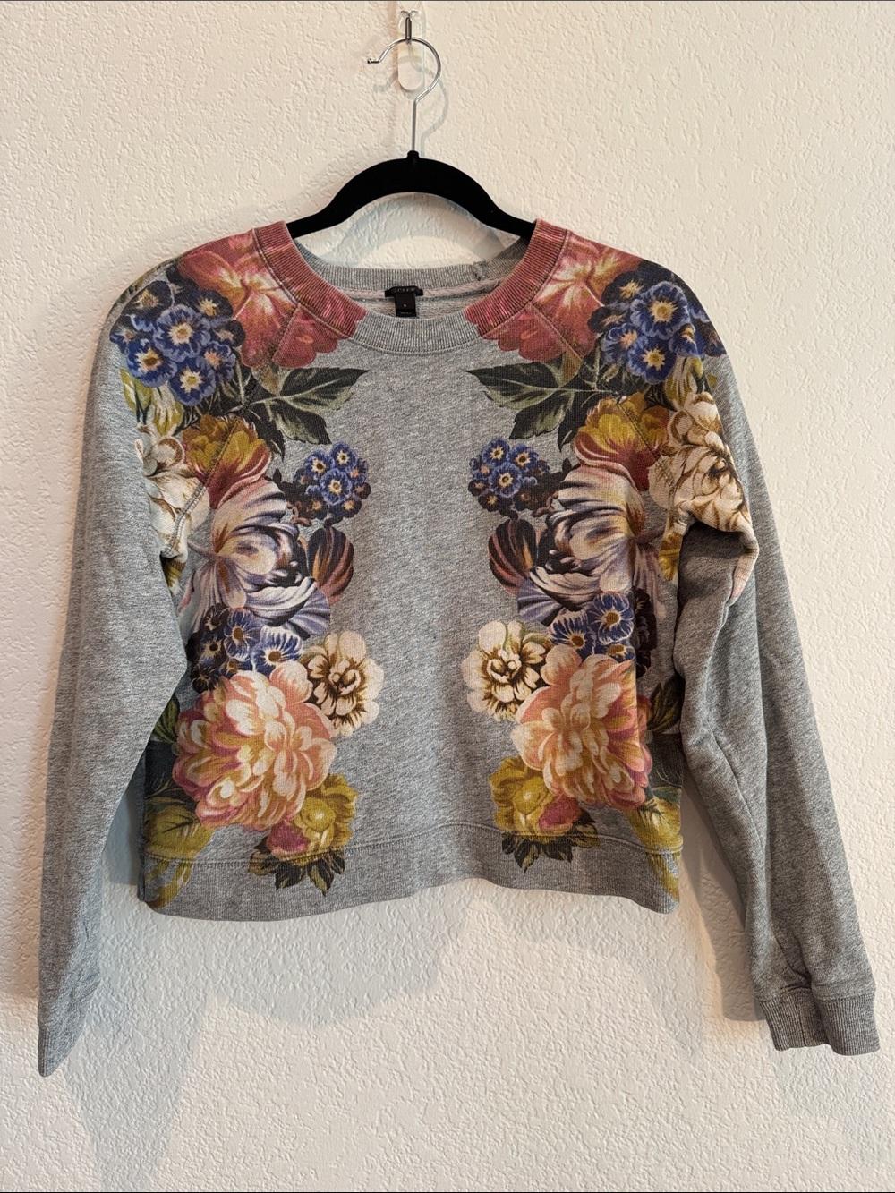 J. Crew Gray Floral Crewneck Sweatshirt with Multicolor Blooms